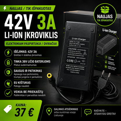 42V 3A Li-ion įkroviklis elektriniam paspirtukui ir dviračiui (36V baterijoms)